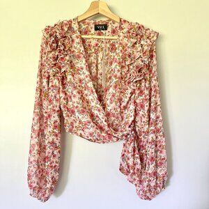 Vici X Fate Top Size Small Floral Blouse Wrap Pink Blue Long Sleeve V-Neck